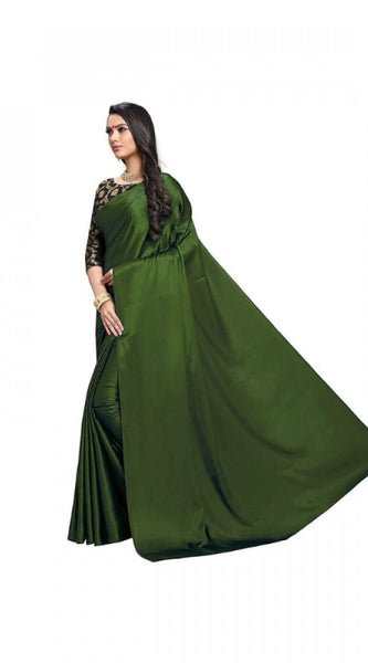 Mayawye Women's Satin Solid Saree With Unstitched Blouse 5.5Mtr (Mehandi)