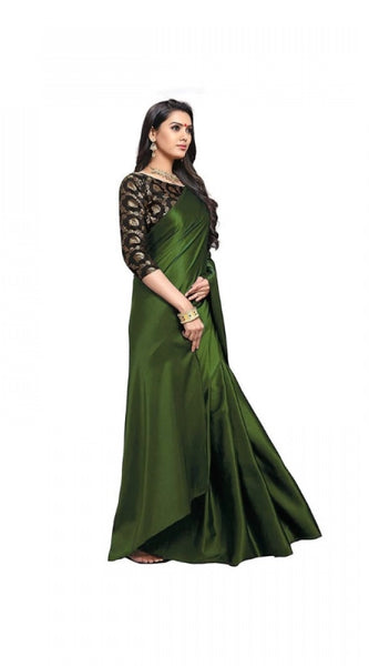 Mayawye Women's Satin Solid Saree With Unstitched Blouse 5.5Mtr (Mehandi)