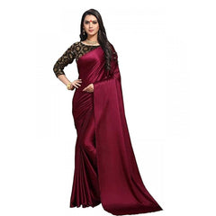 Mayawye Women's Satin Solid Saree With Unstitched Blouse 5.5Mtr (Maroon)