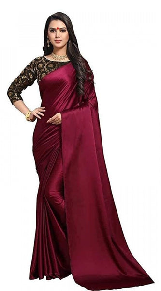 Mayawye Women's Satin Solid Saree With Unstitched Blouse 5.5Mtr (Maroon)