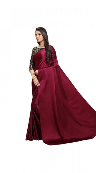 Mayawye Women's Satin Solid Saree With Unstitched Blouse 5.5Mtr (Maroon)
