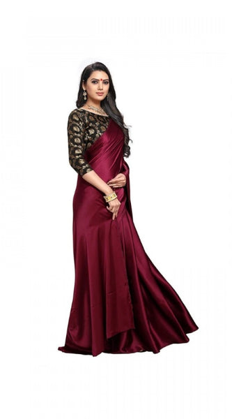 Mayawye Women's Satin Solid Saree With Unstitched Blouse 5.5Mtr (Maroon)