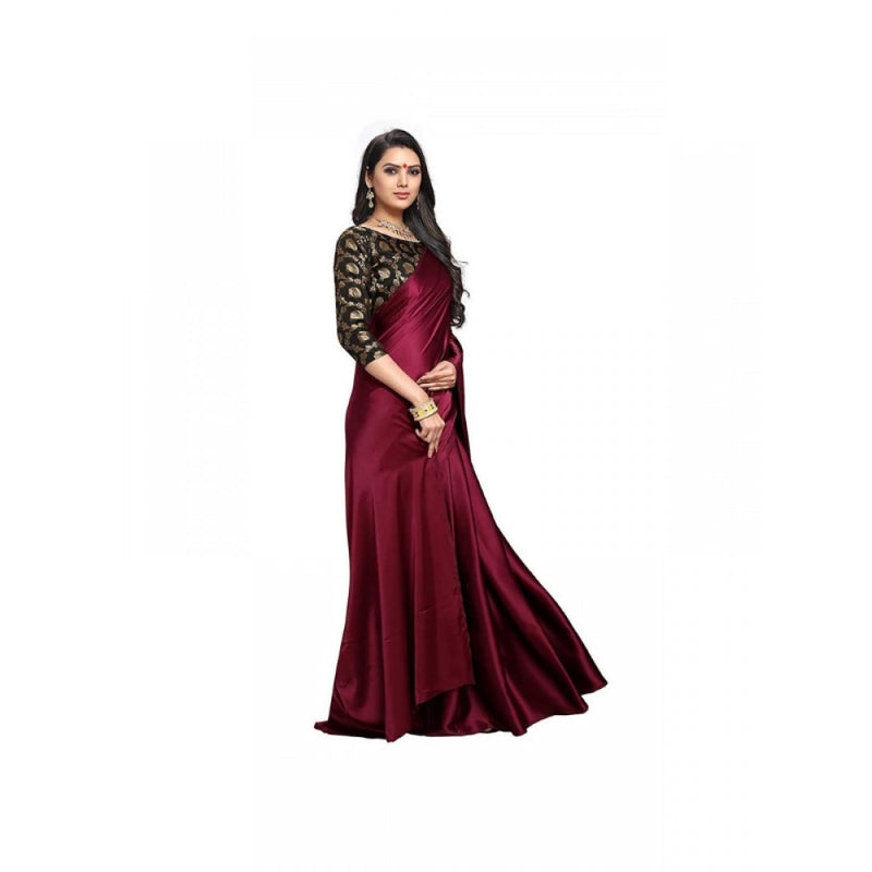 Mayawye Women's Satin Solid Saree With Unstitched Blouse 5.5Mtr (Maroon)