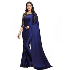 Mayawye Women's Satin Solid Saree With Unstitched Blouse 5.5Mtr (Navy Blue)