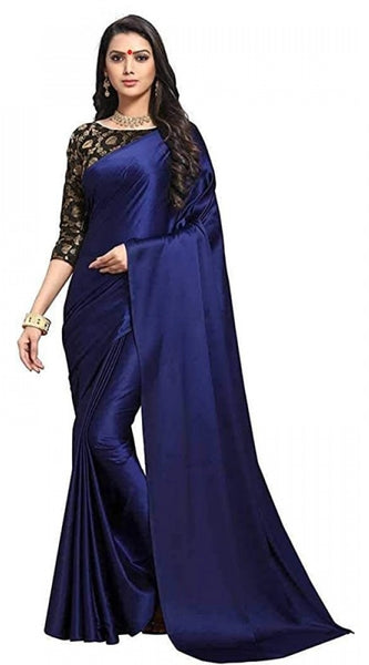Mayawye Women's Satin Solid Saree With Unstitched Blouse 5.5Mtr (Navy Blue)
