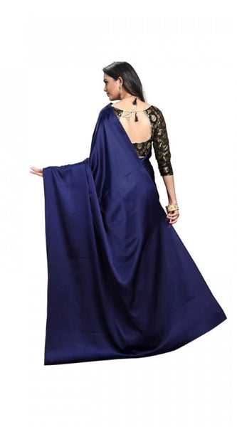 Mayawye Women's Satin Solid Saree With Unstitched Blouse 5.5Mtr (Navy Blue)