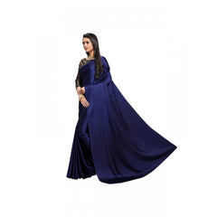 Mayawye Women's Satin Solid Saree With Unstitched Blouse 5.5Mtr (Navy Blue)