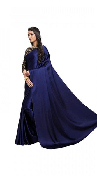 Mayawye Women's Satin Solid Saree With Unstitched Blouse 5.5Mtr (Navy Blue)