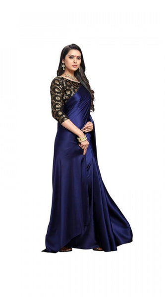 Mayawye Women's Satin Solid Saree With Unstitched Blouse 5.5Mtr (Navy Blue)