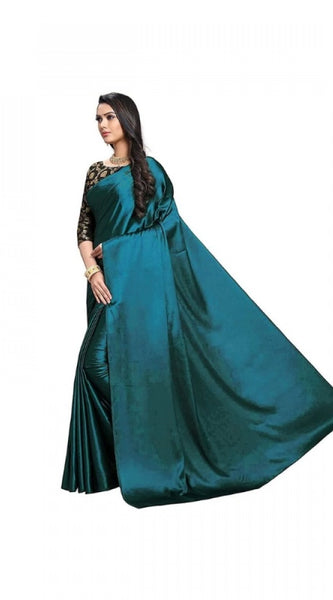 Mayawye Women's Satin Solid Saree With Unstitched Blouse 5.5Mtr (Turquoise)