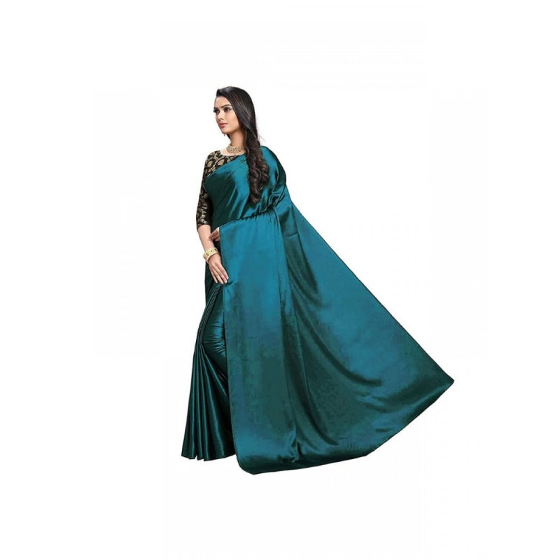 Mayawye Women's Satin Solid Saree With Unstitched Blouse 5.5Mtr (Turquoise)