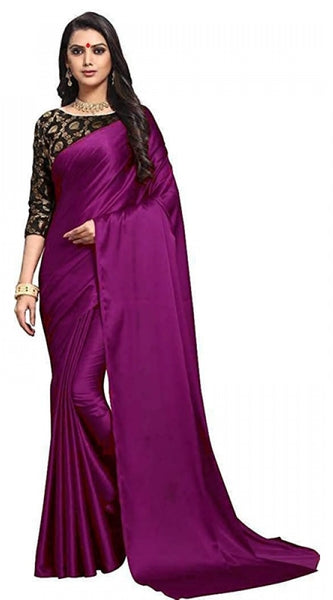 Mayawye Women's Satin Solid Saree With Unstitched Blouse 5.5Mtr (Wine)