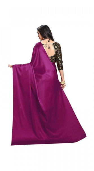 Mayawye Women's Satin Solid Saree With Unstitched Blouse 5.5Mtr (Wine)