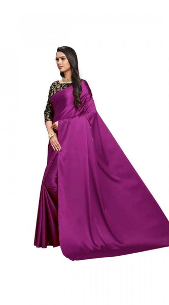 Mayawye Women's Satin Solid Saree With Unstitched Blouse 5.5Mtr (Wine)