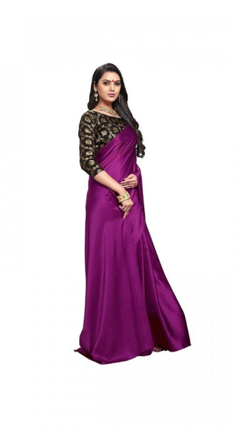 Mayawye Women's Satin Solid Saree With Unstitched Blouse 5.5Mtr (Wine)