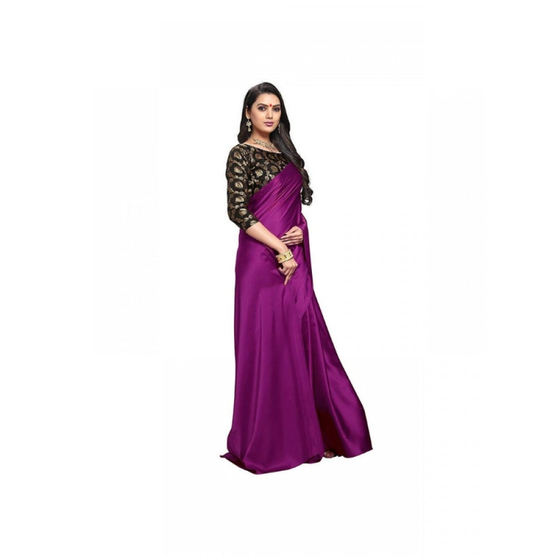 Mayawye Women's Satin Solid Saree With Unstitched Blouse 5.5Mtr (Wine)