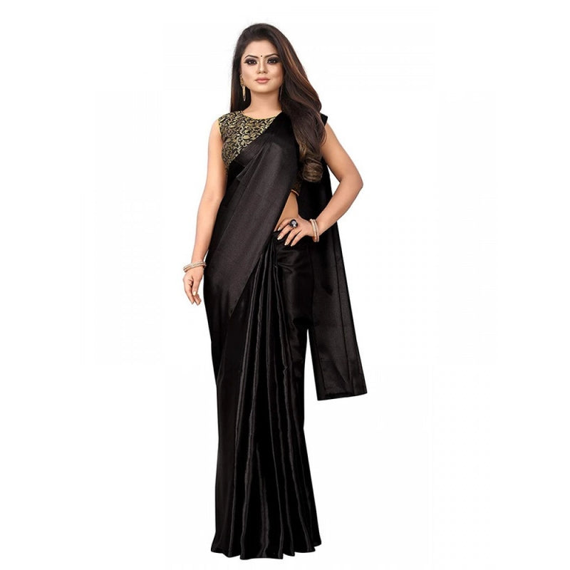 Mayawye Women's Satin Printed Saree With Unstitched Blouse 5.5Mtr (Black)