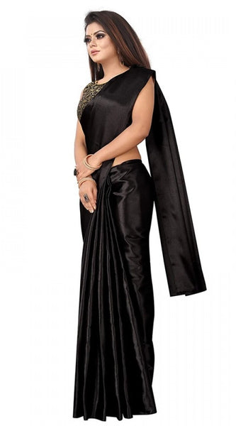 Mayawye Women's Satin Printed Saree With Unstitched Blouse 5.5Mtr (Black)