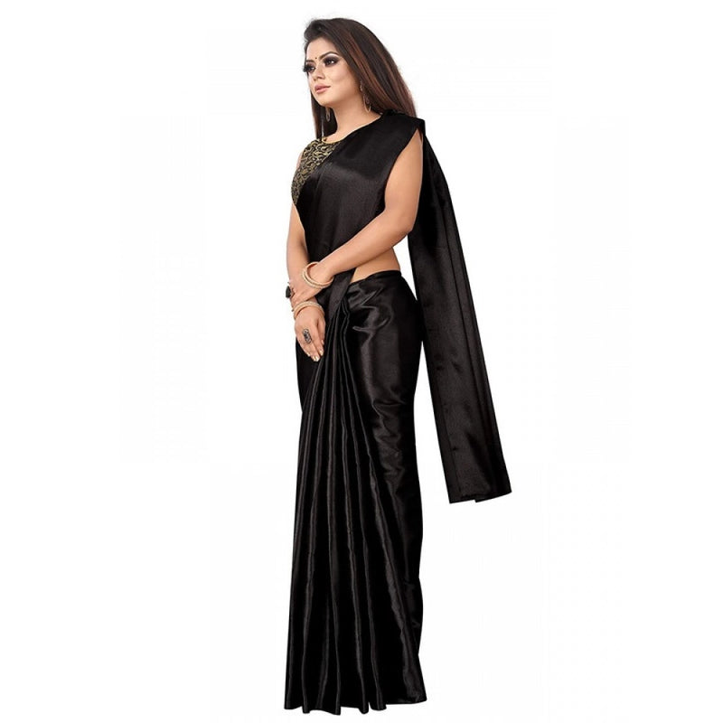 Mayawye Women's Satin Printed Saree With Unstitched Blouse 5.5Mtr (Black)