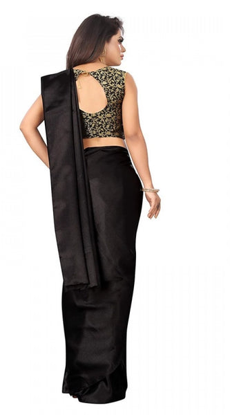 Mayawye Women's Satin Printed Saree With Unstitched Blouse 5.5Mtr (Black)