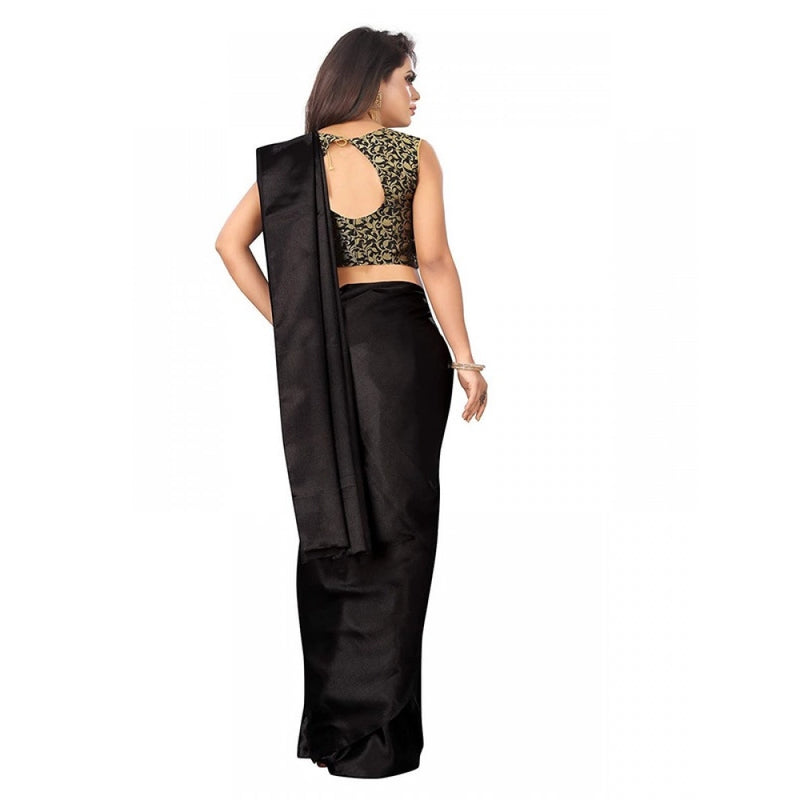 Mayawye Women's Satin Printed Saree With Unstitched Blouse 5.5Mtr (Black)