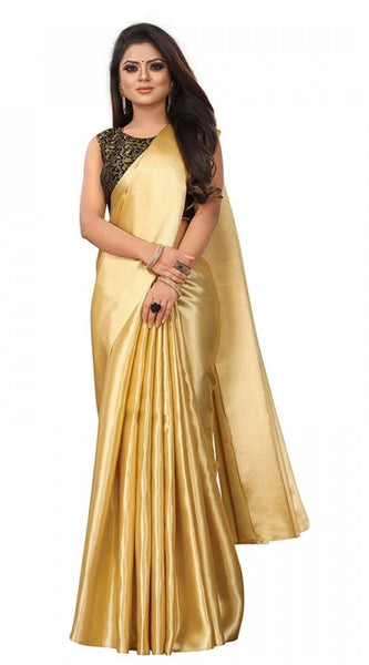 Mayawye Women's Satin Printed Saree With Unstitched Blouse 5.5Mtr (Gold)