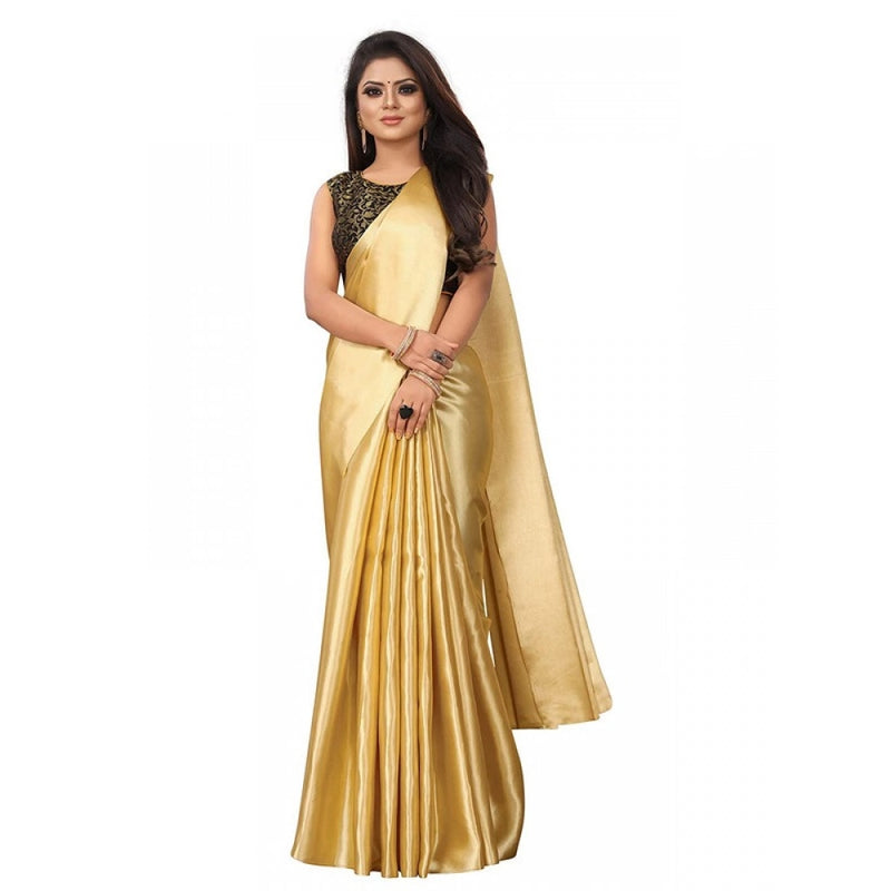 Mayawye Women's Satin Printed Saree With Unstitched Blouse 5.5Mtr (Gold)