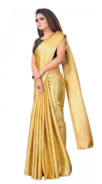 Mayawye Women's Satin Printed Saree With Unstitched Blouse 5.5Mtr (Gold)