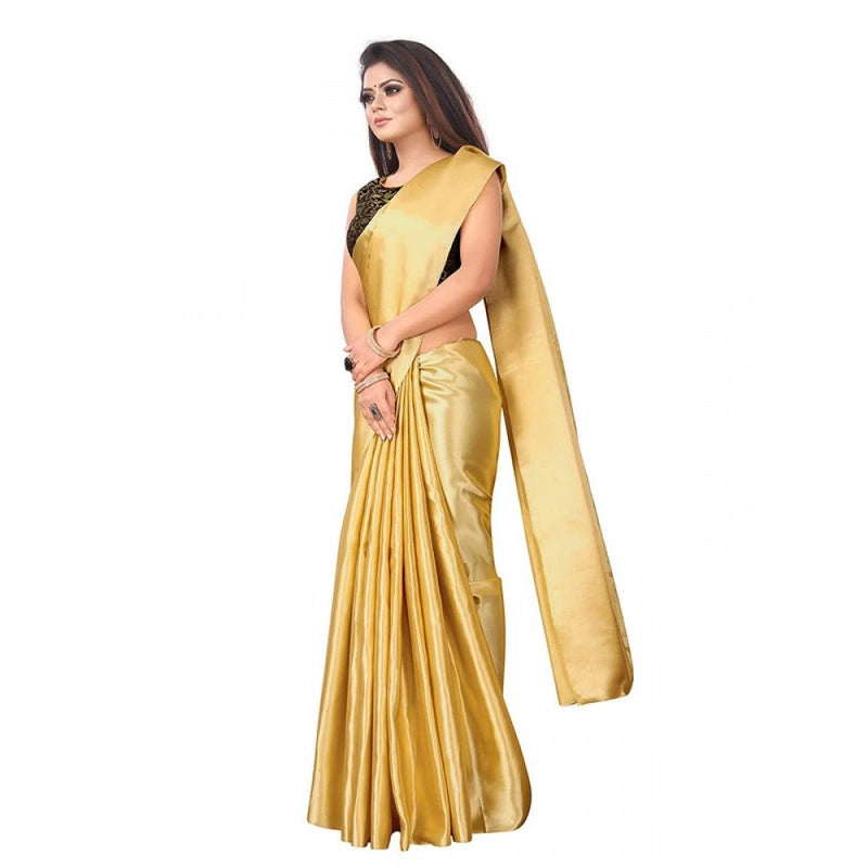 Mayawye Women's Satin Printed Saree With Unstitched Blouse 5.5Mtr (Gold)