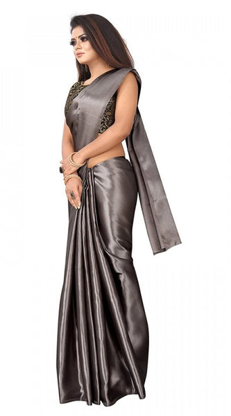 Mayawye Women's Satin Printed Saree With Unstitched Blouse 5.5Mtr (Grey)