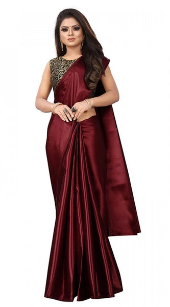 Mayawye Women's Satin Printed Saree With Unstitched Blouse 5.5Mtr (Maroon)