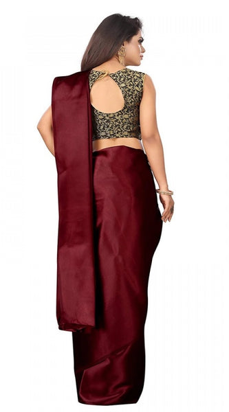Mayawye Women's Satin Printed Saree With Unstitched Blouse 5.5Mtr (Maroon)