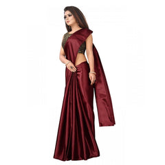 Mayawye Women's Satin Printed Saree With Unstitched Blouse 5.5Mtr (Maroon)