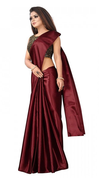 Mayawye Women's Satin Printed Saree With Unstitched Blouse 5.5Mtr (Maroon)