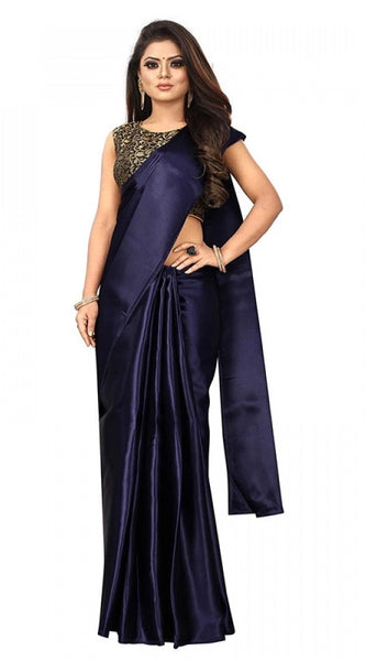 Mayawye Women's Satin Printed Saree With Unstitched Blouse 5.5Mtr (Navy Blue)