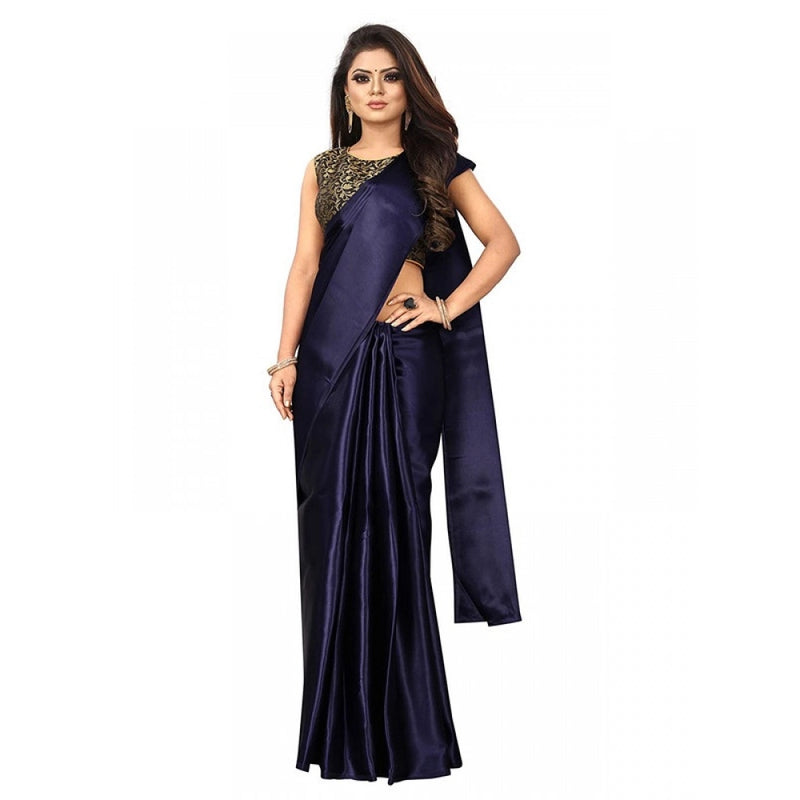 Mayawye Women's Satin Printed Saree With Unstitched Blouse 5.5Mtr (Navy Blue)