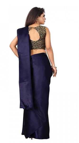 Mayawye Women's Satin Printed Saree With Unstitched Blouse 5.5Mtr (Navy Blue)