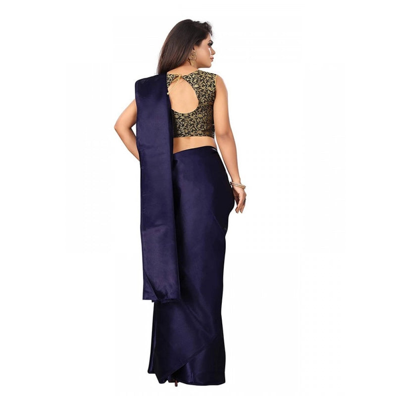 Mayawye Women's Satin Printed Saree With Unstitched Blouse 5.5Mtr (Navy Blue)