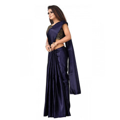 Mayawye Women's Satin Printed Saree With Unstitched Blouse 5.5Mtr (Navy Blue)