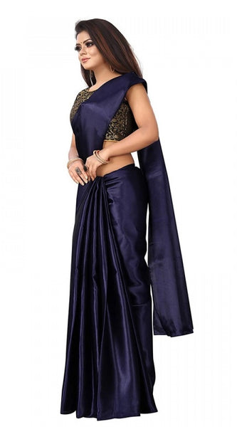 Mayawye Women's Satin Printed Saree With Unstitched Blouse 5.5Mtr (Navy Blue)