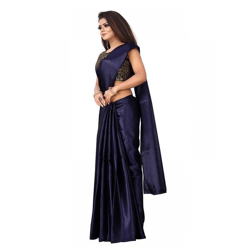 Mayawye Women's Satin Printed Saree With Unstitched Blouse 5.5Mtr (Navy Blue)