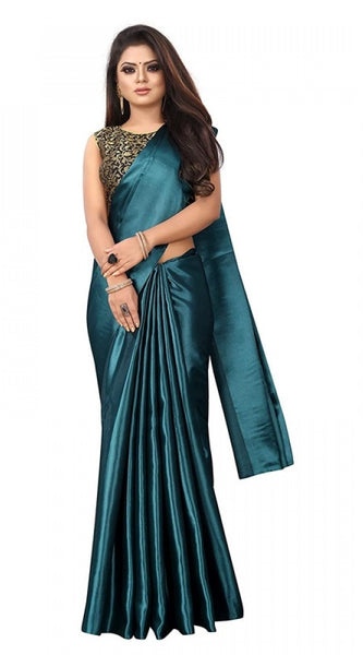 Mayawye Women's Satin Printed Saree With Unstitched Blouse 5.5Mtr (Rama)