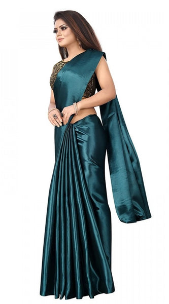 Mayawye Women's Satin Printed Saree With Unstitched Blouse 5.5Mtr (Rama)