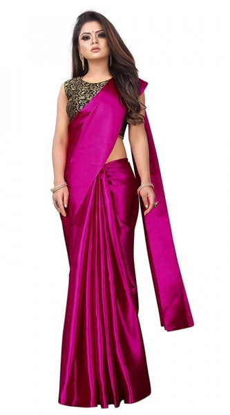 Mayawye Women's Satin Printed Saree With Unstitched Blouse 5.5Mtr (Rani)