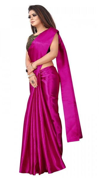 Mayawye Women's Satin Printed Saree With Unstitched Blouse 5.5Mtr (Rani)