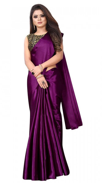 Mayawye Women's Satin Printed Saree With Unstitched Blouse 5.5Mtr (Wine)