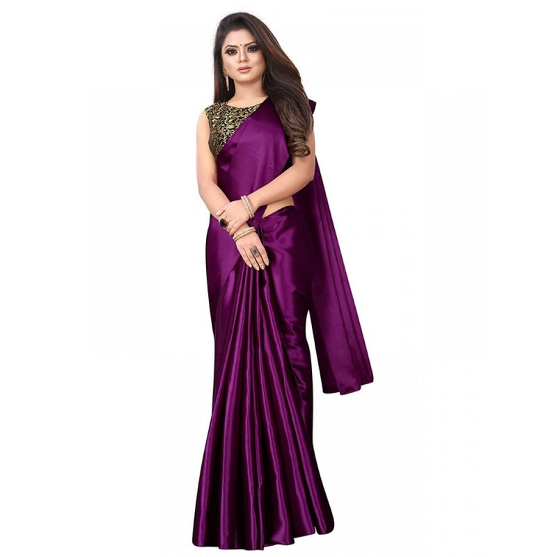 Mayawye Women's Satin Printed Saree With Unstitched Blouse 5.5Mtr (Wine)