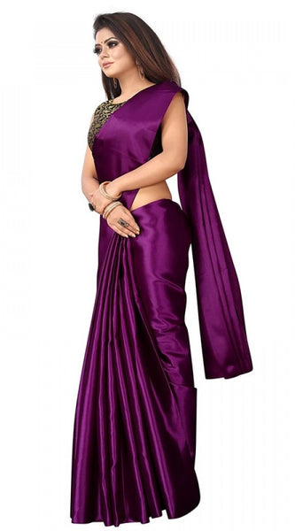 Mayawye Women's Satin Printed Saree With Unstitched Blouse 5.5Mtr (Wine)