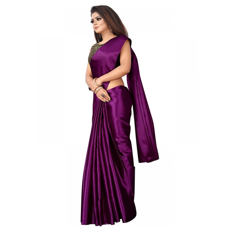 Mayawye Women's Satin Printed Saree With Unstitched Blouse 5.5Mtr (Wine)