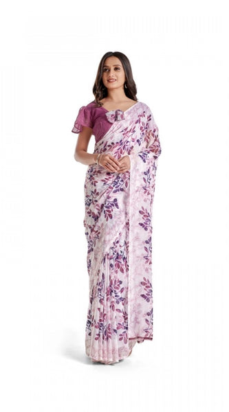 Mayawye Women's Georgette Printed Saree With Unstitched Blouse 5.5Mtr (Pink)